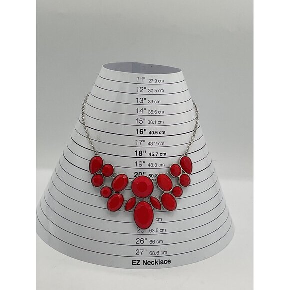 Red Statement Necklace With Oval Resin Stones & Silver Chain Lobster Clasp - Picture 4 of 4